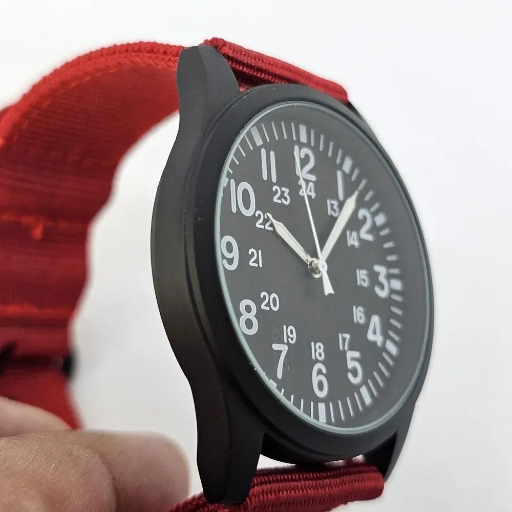 Men's Field Military Watch 42MM Black‎ Case Black Dial Red Canvas Band Straps